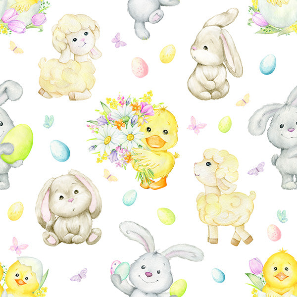 Easter Fabric - Cute Baby Animals & Spring Floral - Cotton Craft Fabric Material