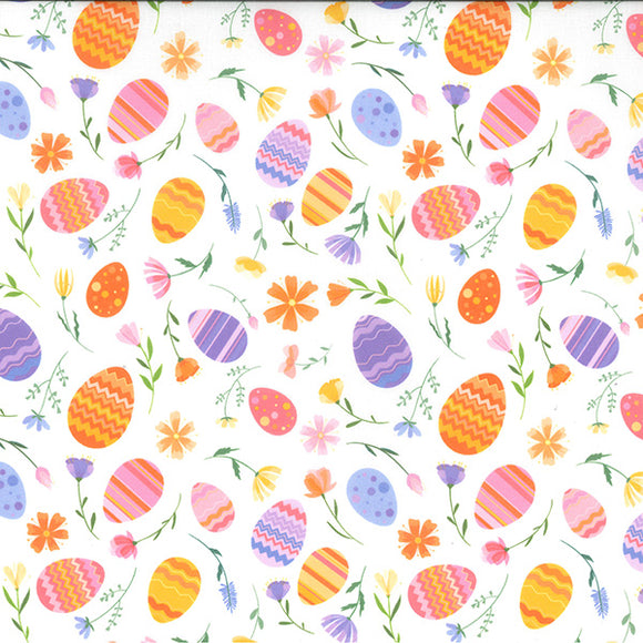 Easter Fabric - Bright Easter Eggs & Spring Floral Print Cotton Fabric Material