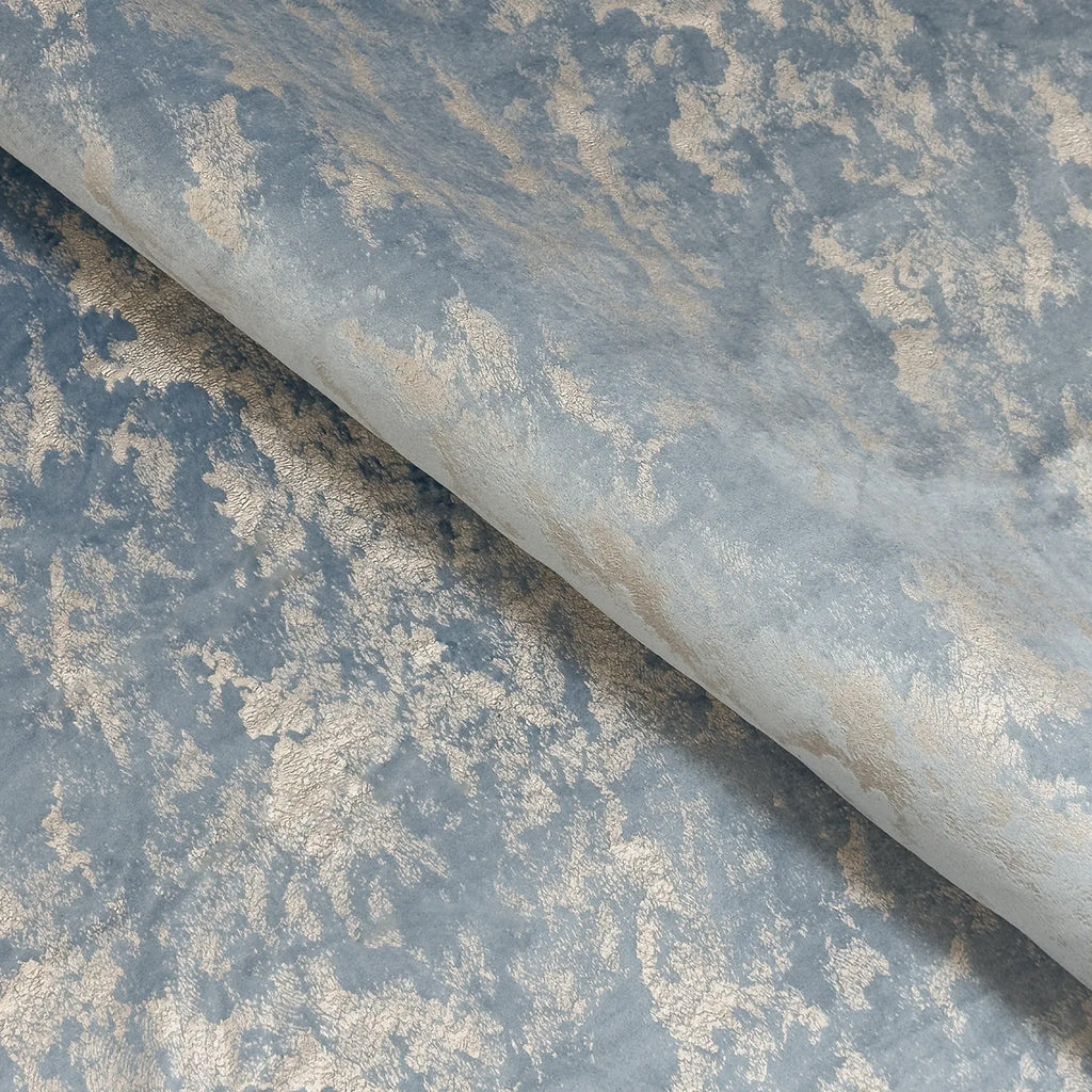 Upholstery Fabric - Avalon Marbled Velour Velvet - Mid Blue & Matt Silver