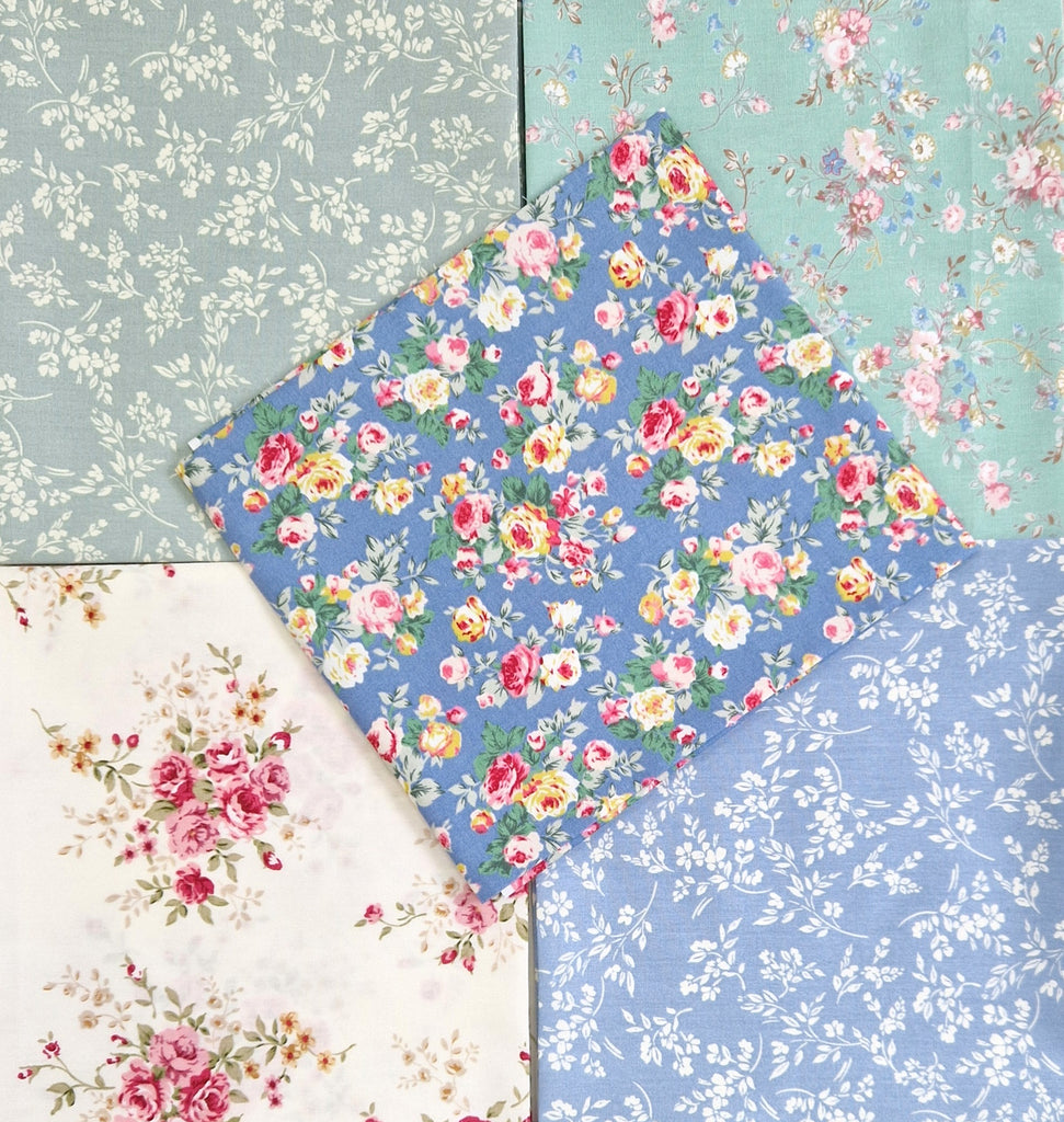Fat Quarter Bundle - Pretty Blue & Green Rose Floral Mix