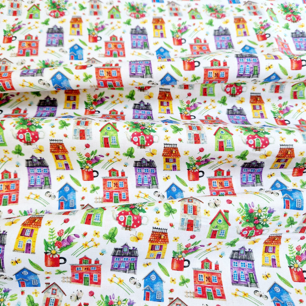 Children's Cotton Fabric - Fairytale - Houses - Flowers - Bright Colour