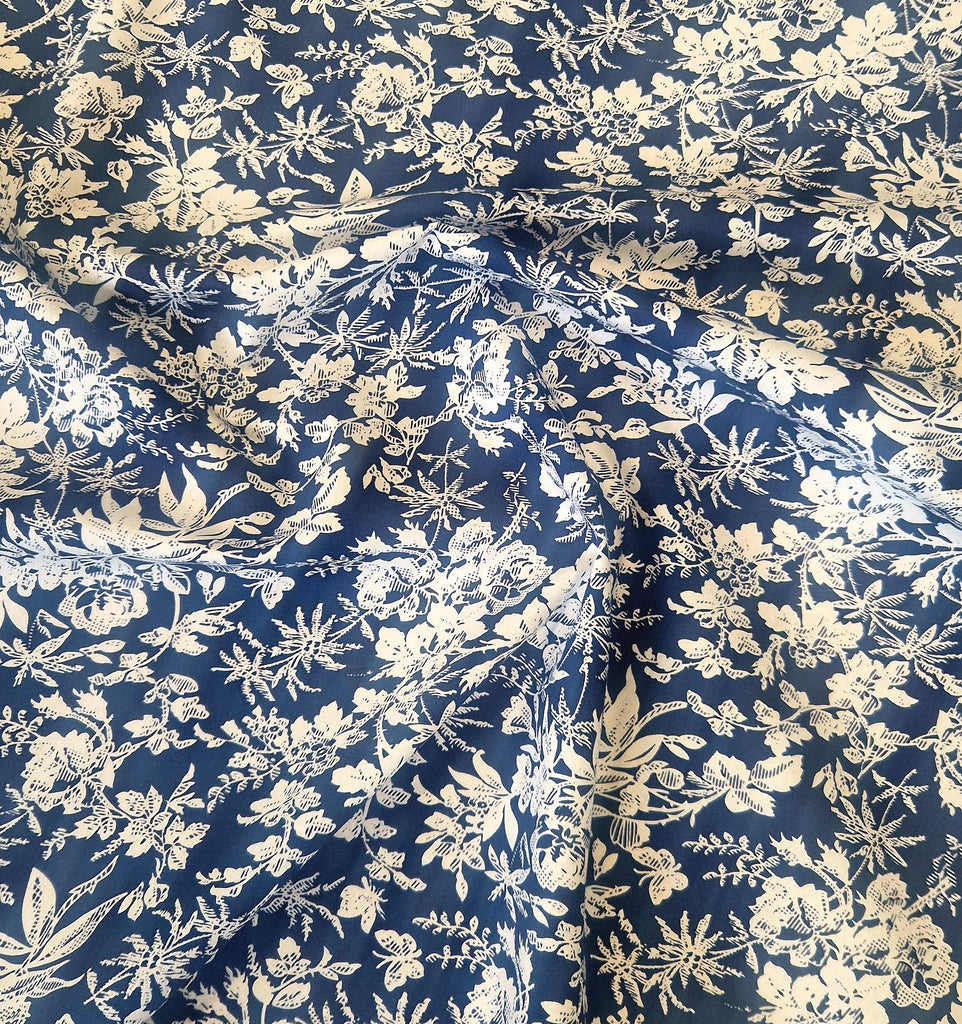 100% Cotton -  China Rose White on Navy Blue - Floral Craft Fabric Material
