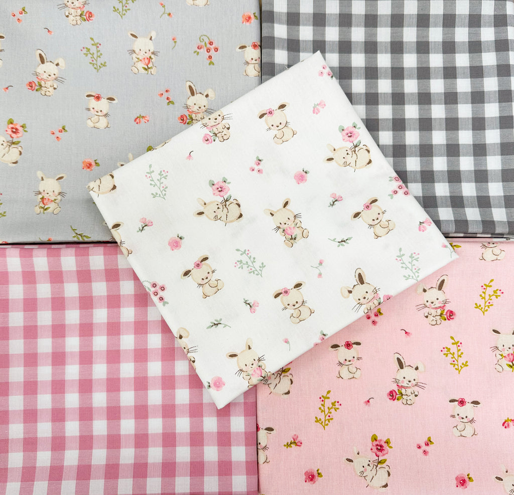 Fat Quarter Bundle - Cute Pink & Grey Baby Bunny & Gingham Mix