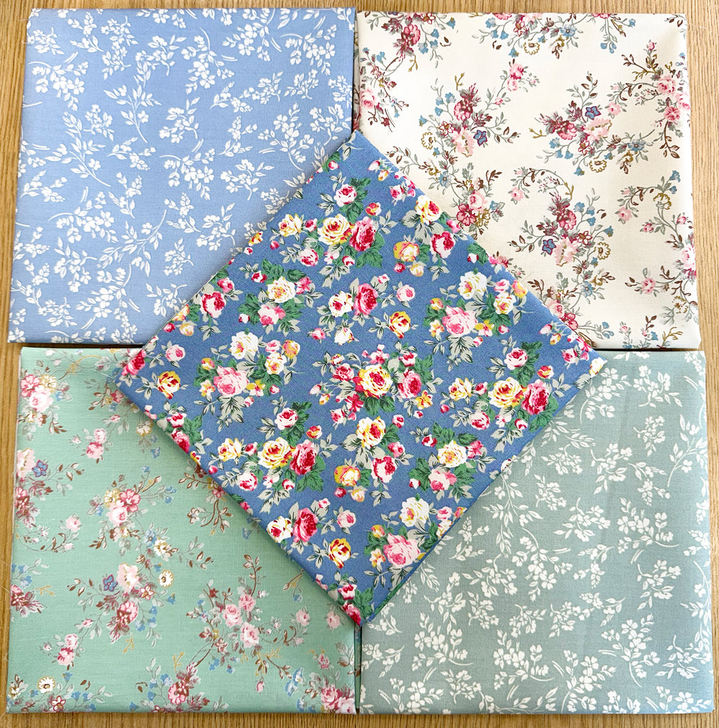 Fat Quarter Bundle - Pretty Blue & Green Rose Floral Mix