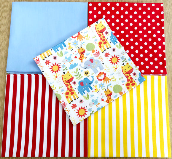 Fat Quarter Bundle - Children's Bright Happy Safari Animals Bunting Craft Fabric