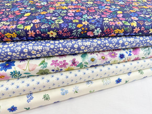 100% Cotton Fat Quarter Bundle - Pretty Blue Floral Mix - Quilting Craft Fabric