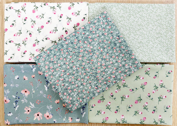 Fat Quarter Bundle - Green Ditsy Rose Bud Floral Mix