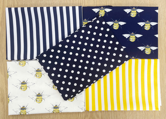 Fat Quarter Bundle - Navy Blue & Yellow Bumble Bees Mix Bunting Craft Fabric
