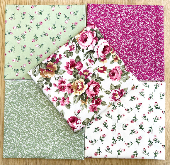 Fat Quarter Bundle - Pretty Pink & Green Rose Bud Floral Mix