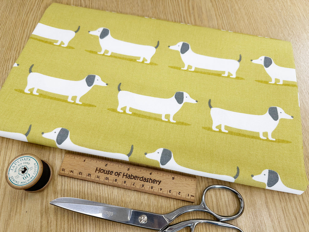 Upholstery Fabric - Hound Dog Ochre - Dachshund Sausage Dog Print Fabric Material