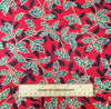 Christmas Fabric - Metallic Gold Holly & Berry Print on Red - 100% Cotton