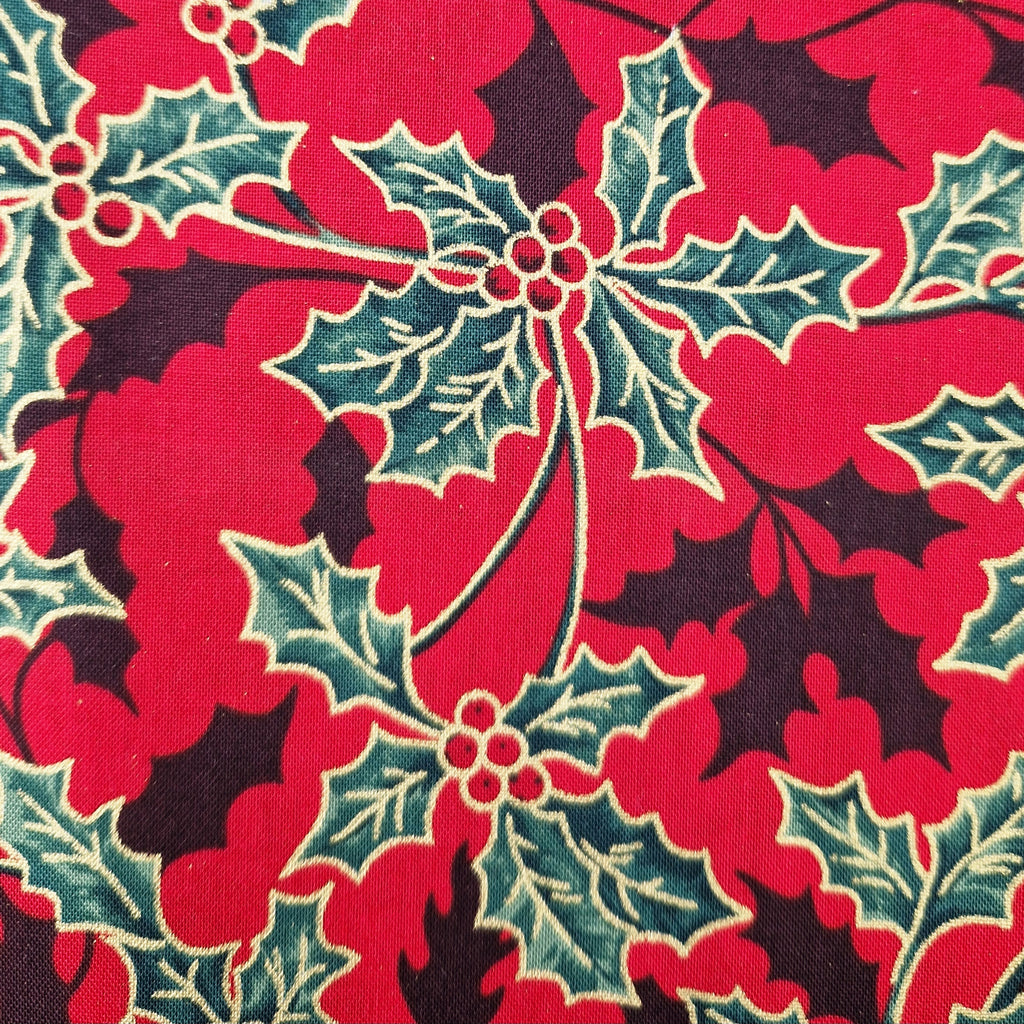Christmas Fabric - Metallic Gold Holly & Berry Print on Red - 100% Cotton