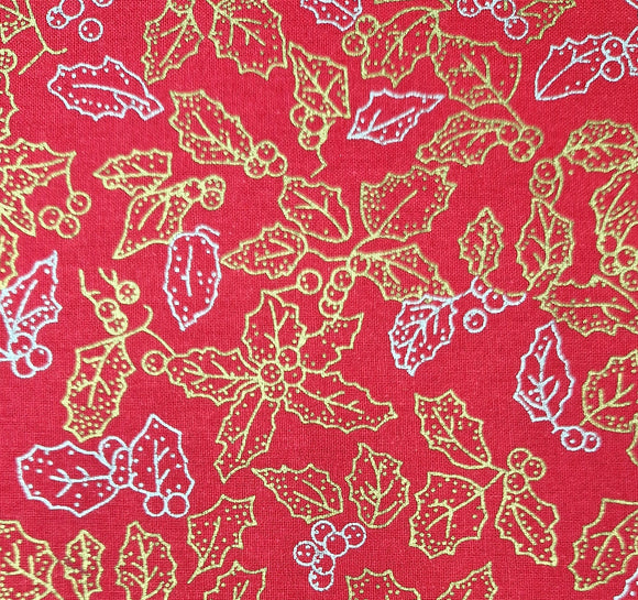 Christmas Fabric - Metallic Gold & Silver Holly Leaves on Red - 100% Cotton Fabric
