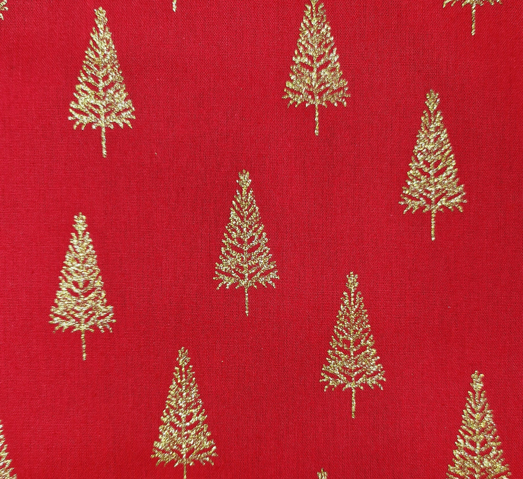 Christmas Fabric - Gold Glitter Xmas Trees on Red - 100% Cotton Fabric