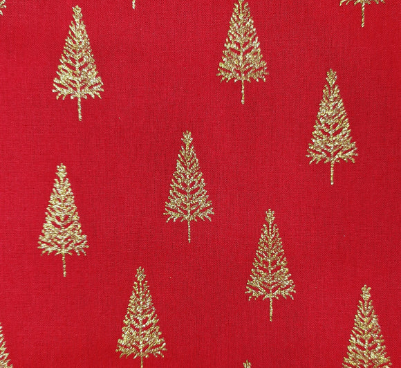 Christmas Fabric - Gold Glitter Xmas Trees on Red - 100% Cotton Fabric