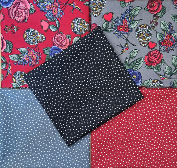 Fat Quarter Bundle - Gothic Skulls & Roses & Stars Halloween Craft Fabric Material