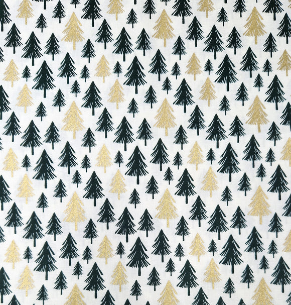 Christmas Fabric -  Gold & Green Xmas Trees on Cream - Xmas Craft Fabric