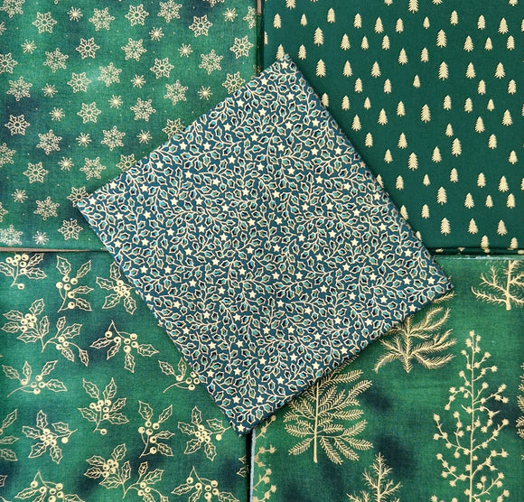 Fat Quarter Bundle - Christmas Green Metallic Gold Snowflake Trees Fabric