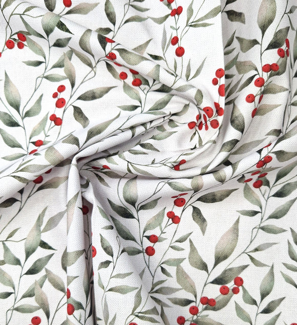 Christmas Fabric - Red Berry & Leaf Print on Ivory Cotton Craft Material Xmas
