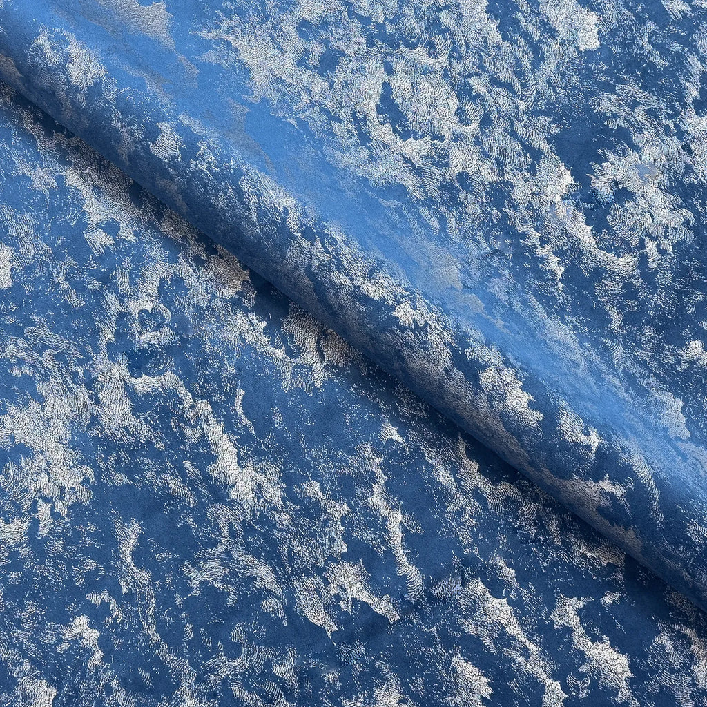 Upholstery Fabric - Avalon Marbled Velour Velvet - Azure Blue & Silver