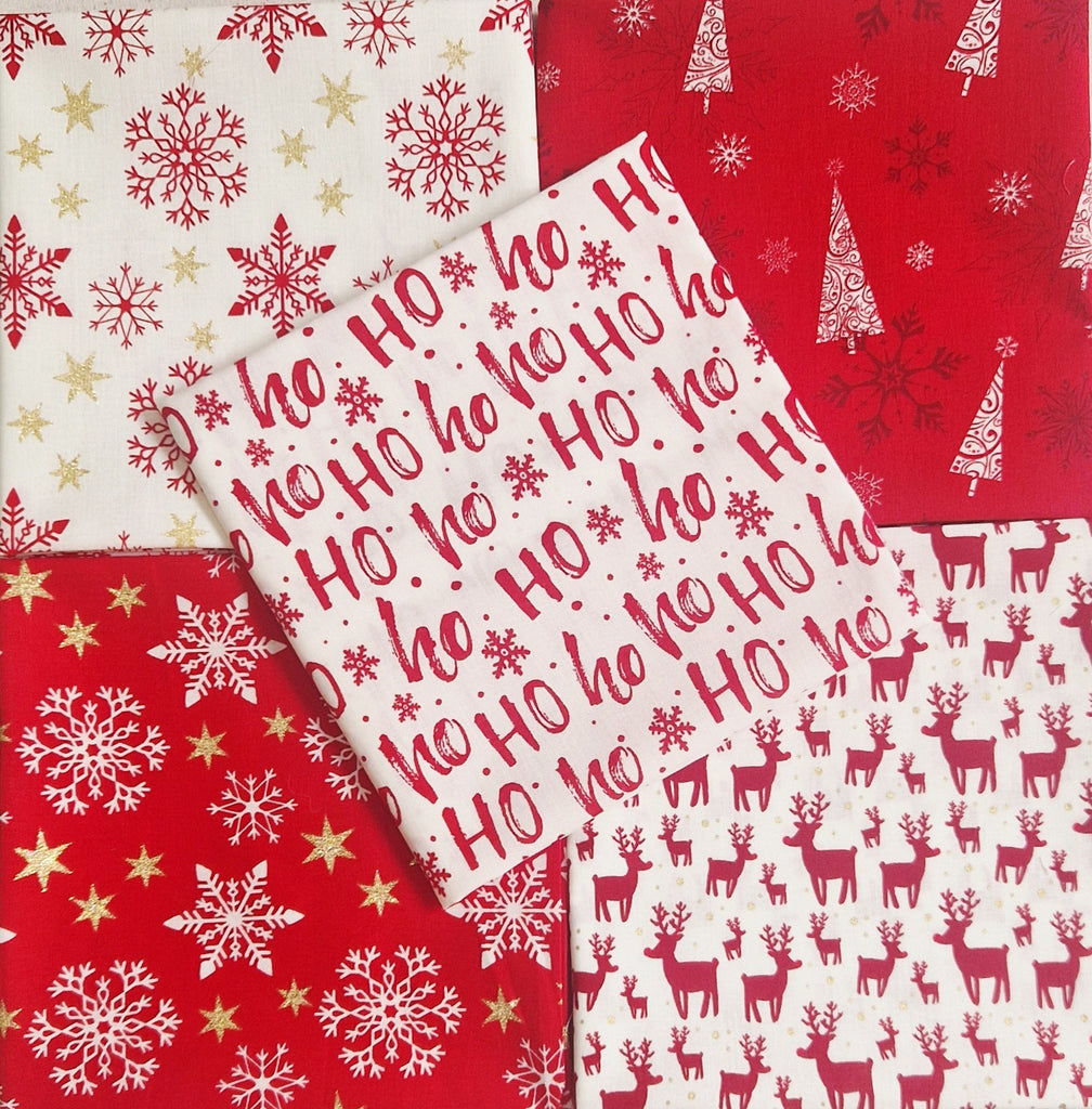 Christmas Fat Quarter Bundle - Red Christmas Stars Reindeers Stags Snowflakes Fabric