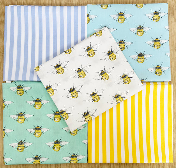 Fat Quarter Bundle - Pale Blue & Yellow Bumble Bees Mix Bunting Craft Fabric