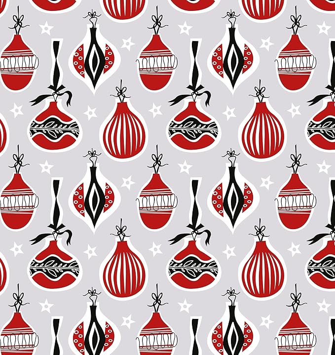 Christmas Fabric - Red Black & White Baubles on Silver Grey - Xmas Craft Fabric Material Metre