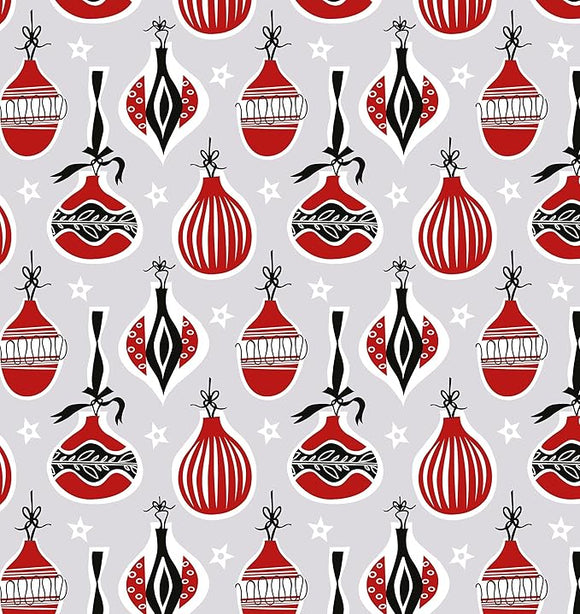 Christmas Fabric - Red Black & White Baubles on Silver Grey - Xmas Craft Fabric Material Metre