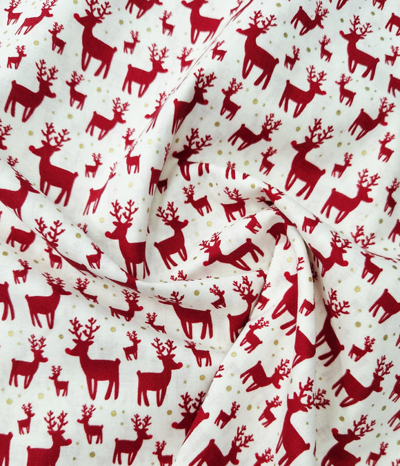 Christmas Fabric ~ Red Reindeers Gold Speckles on Cream~ Xmas Cotton Prints