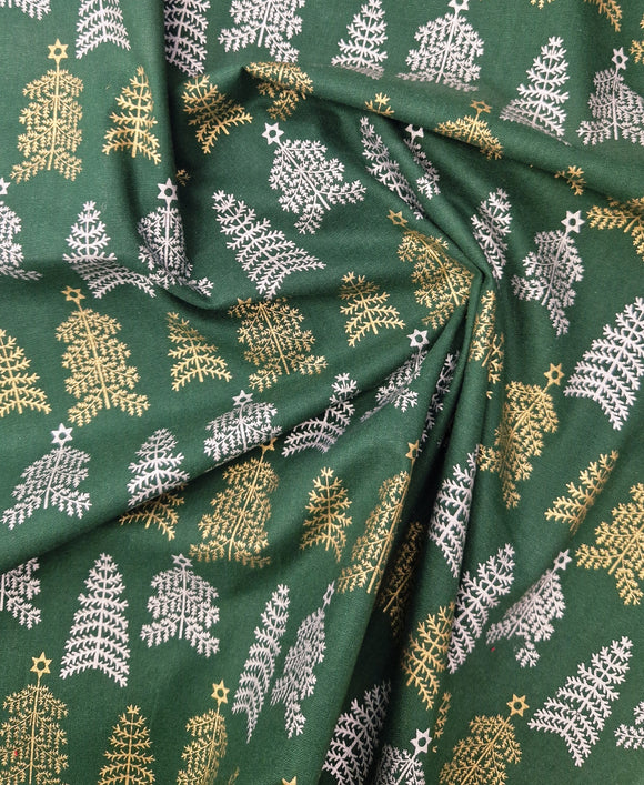 Christmas Fabric - Silver & Gold Glitter Christmas Trees on Green - 100% Cotton Fabric