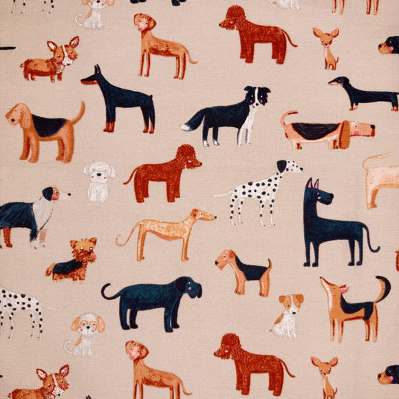 Canvas Fabric - Woof - Cute Dog Print on Beige - Craft Material