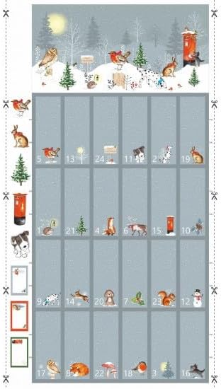 Nutex Fabric Winter Moon Advent Calendar Panel Robin Owl Rabbit 100% Cotton