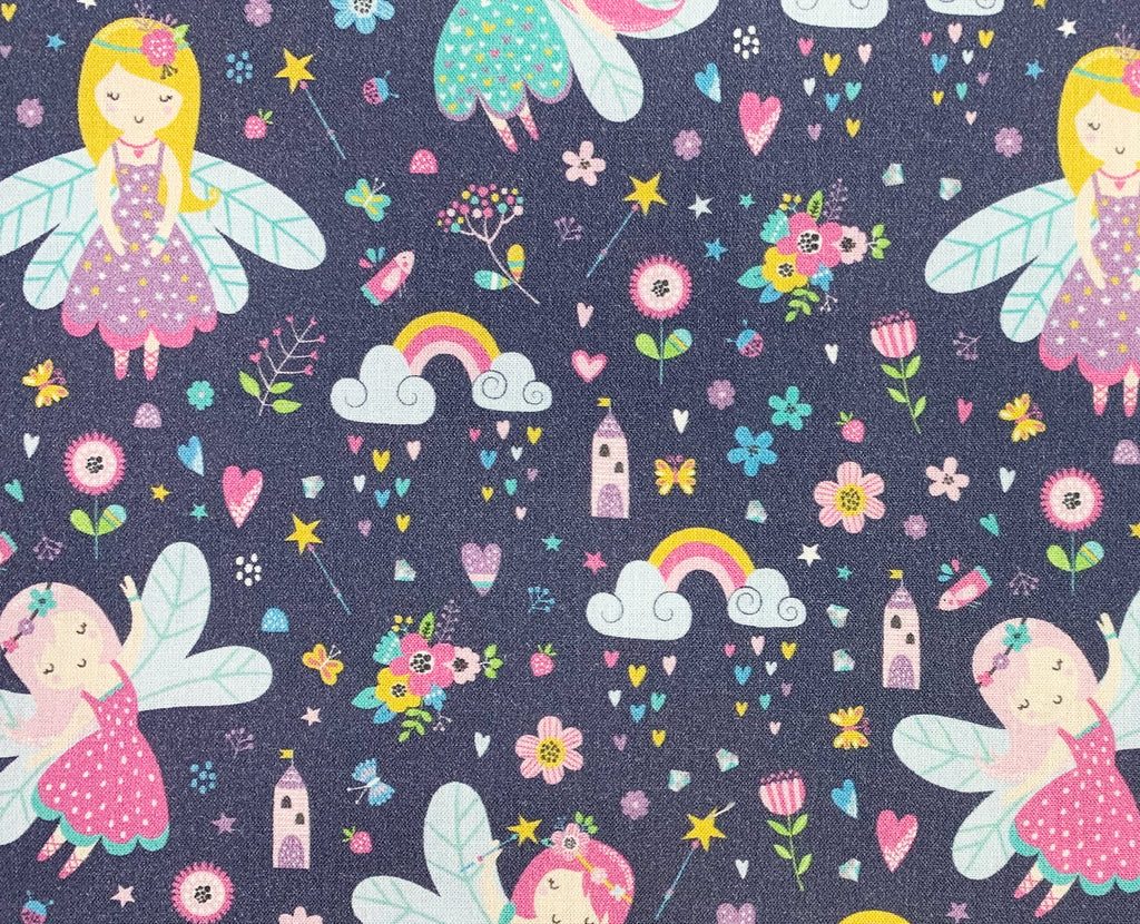 Children's Fabric - Dancing Fairies on Navy Blue - 100% Cotton Fabric