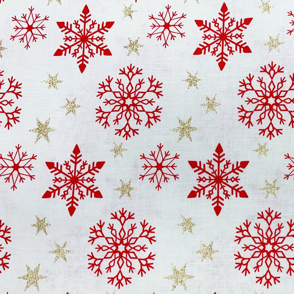 Christmas Fabric - Gold Glitter Star & Snowflake on Cream - 100% Cotton