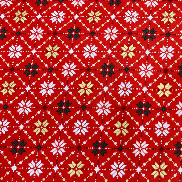 Christmas Fabric - Red & Metallic Gold Fair Isle Snowflake Print - 100% Cotton