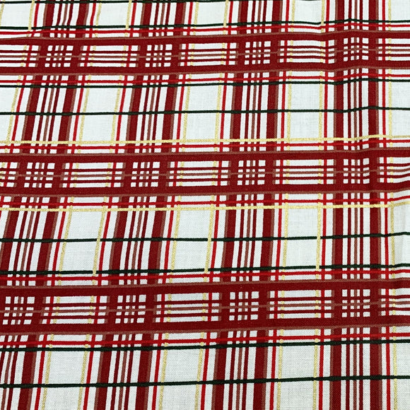 Christmas Fabric - Cream Red & Metallic Gold Festive Tartan - 100% Cotton