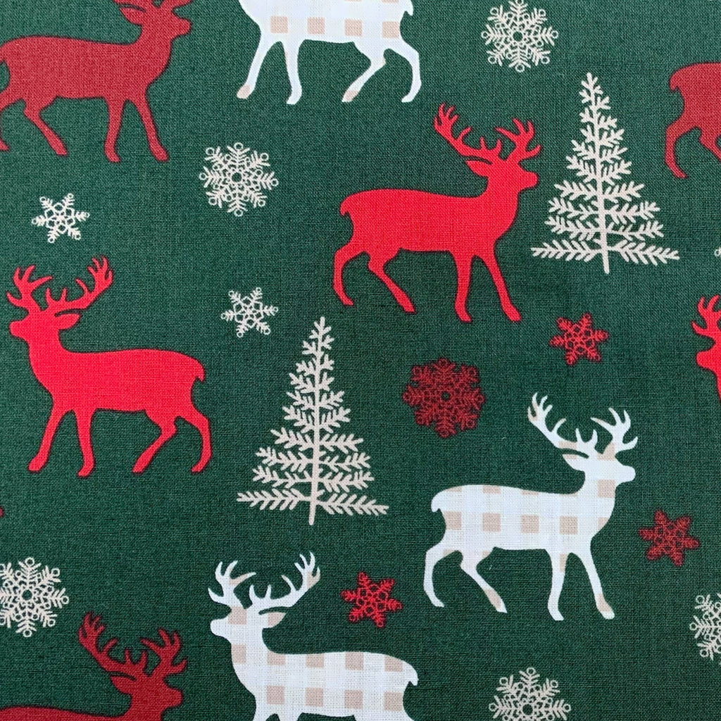 Christmas Fabric - Green & Red Tartan Check Reindeers - 100% Cotton