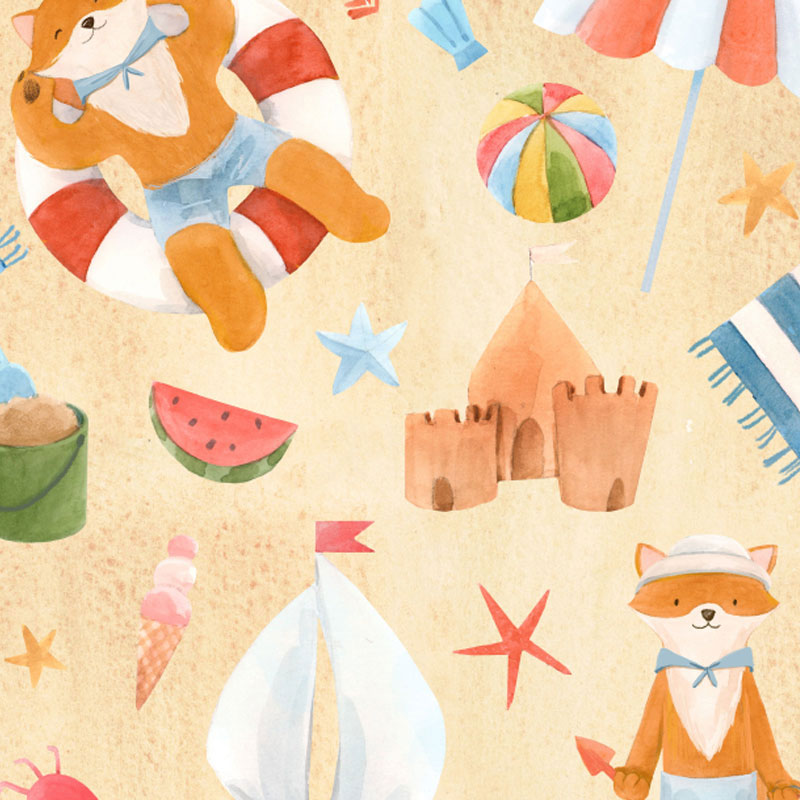 Children's Fabric - Cute Fox Little Johnny Goes to the Beach - 100% Cotton Prints