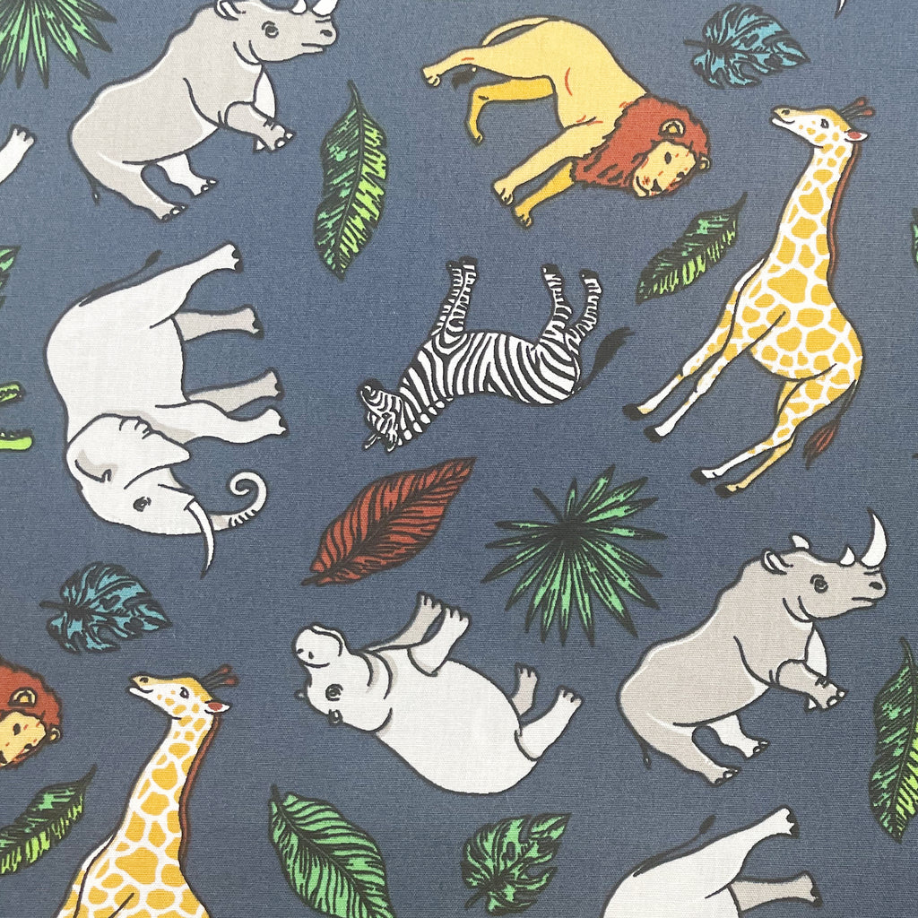 Cotton Poplin Fabric - Zoo Safari Animal on Indigo Blue