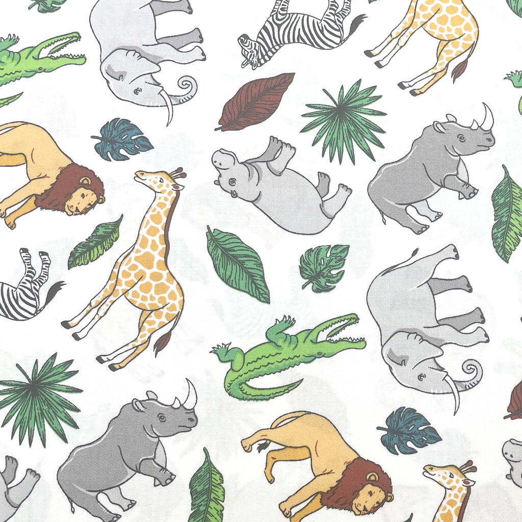 Cotton Poplin Fabric - Zoo Safari Animal on White