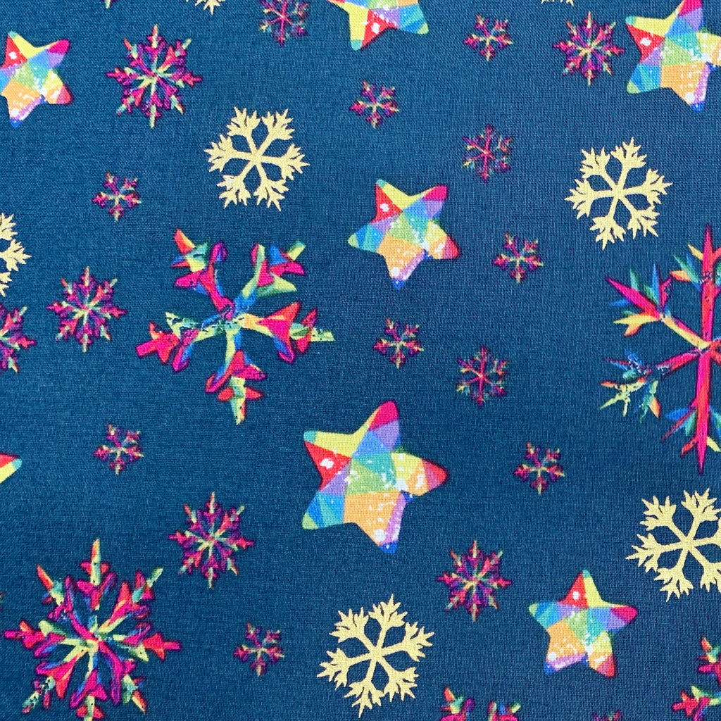 Christmas Fabric - Rainbow Metallic Snowflakes on Navy Blue - 100% Cotton