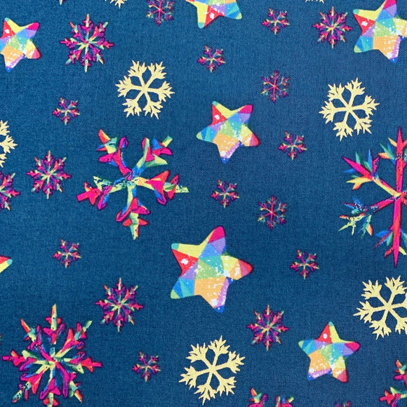 Christmas Fabric - Rainbow Metallic Snowflakes on Navy Blue - 100% Cotton