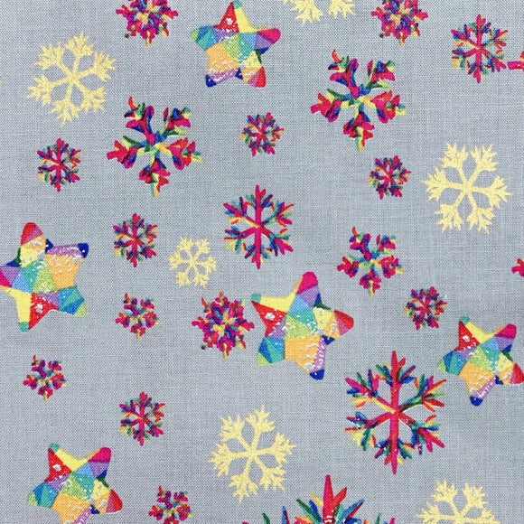 Christmas Fabric - Rainbow Metallic Snowflakes on Silver Grey - 100% Cotton