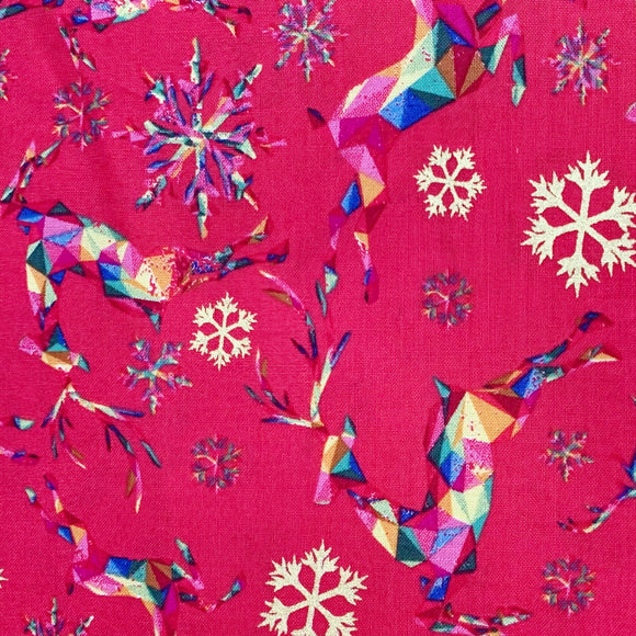 Christmas Fabric - Rainbow Metallic Reindeer on Red - 100% Cotton