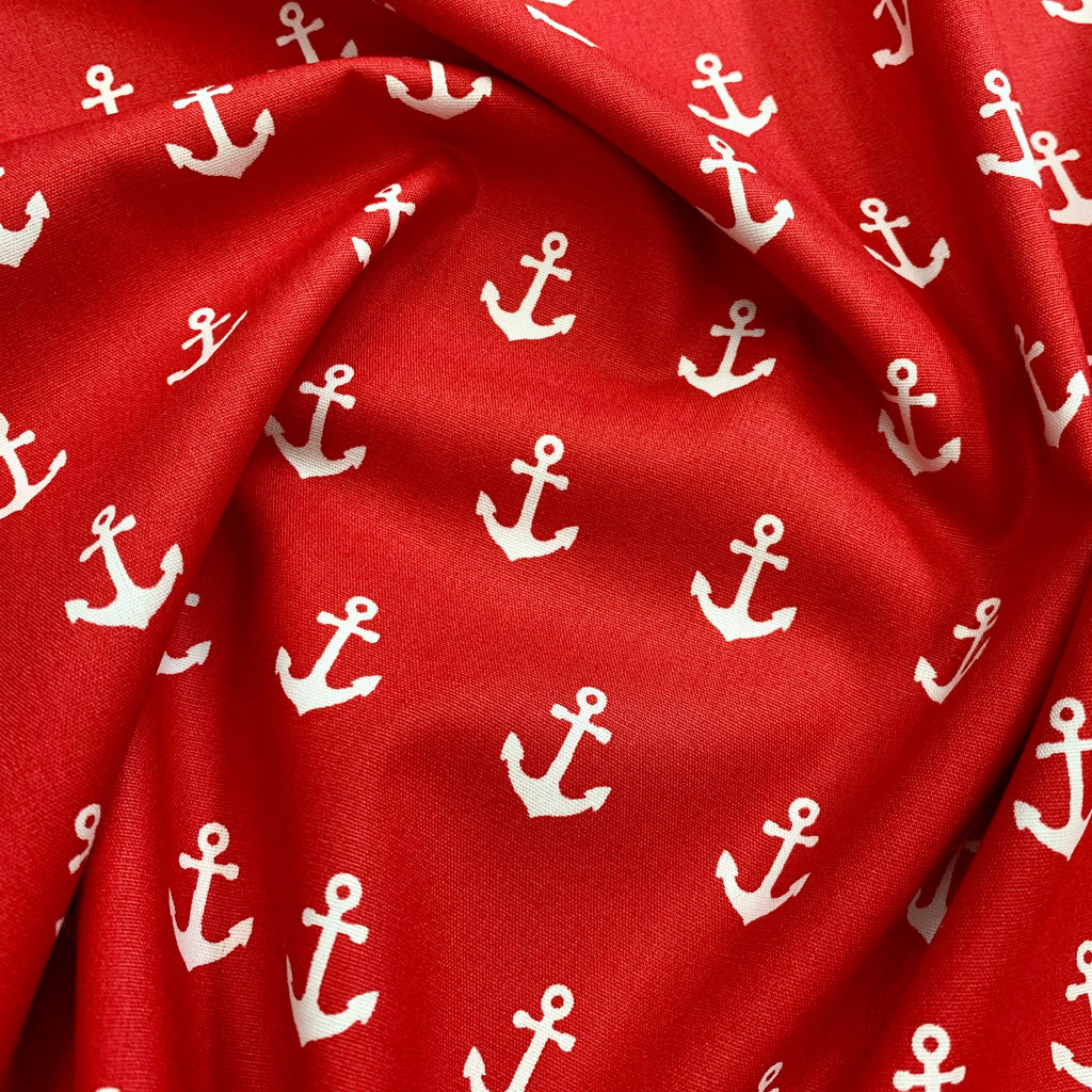 Cotton Fabric ~ White Nautical Anchors ~RED ~ 100% Cotton Fabric