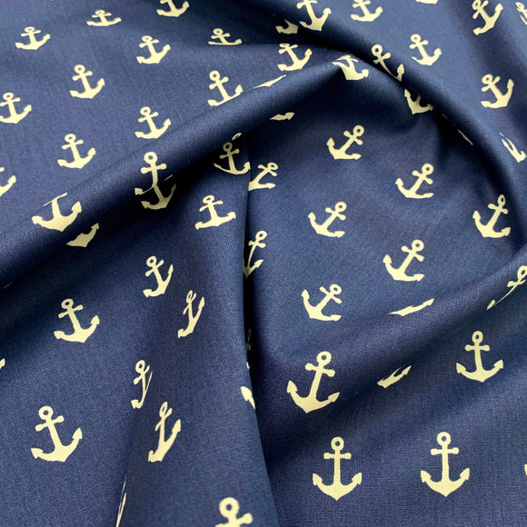 Cotton Fabric  - White Nautical Anchors - NAVY BLUE - 100% Cotton Fabric