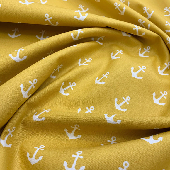 Cotton Fabric ~ White Nautical Anchors ~MUSTARD YELLOW ~ 100% Cotton Fabric