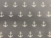 Cotton Fabric ~ White Nautical Anchors ~GREY ~ 100% Cotton Fabric