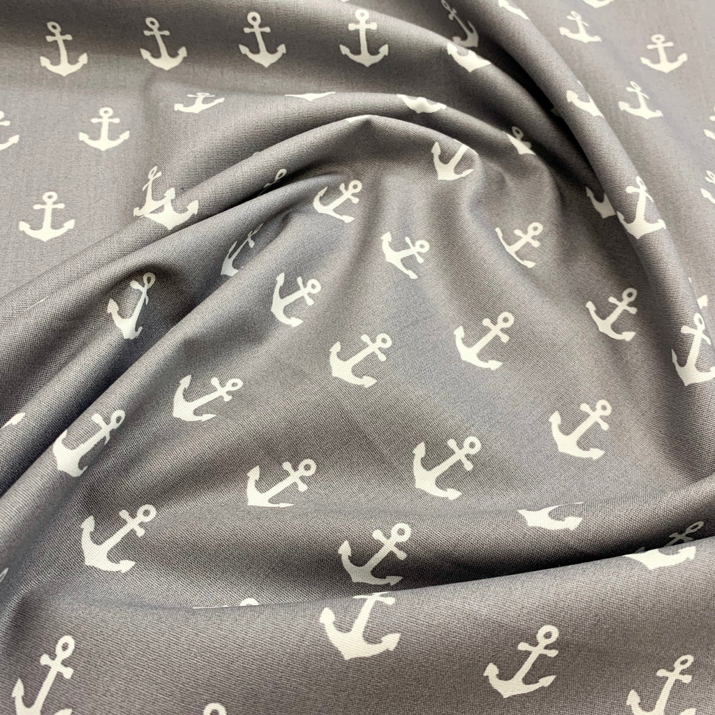 Cotton Fabric ~ White Nautical Anchors ~GREY ~ 100% Cotton Fabric