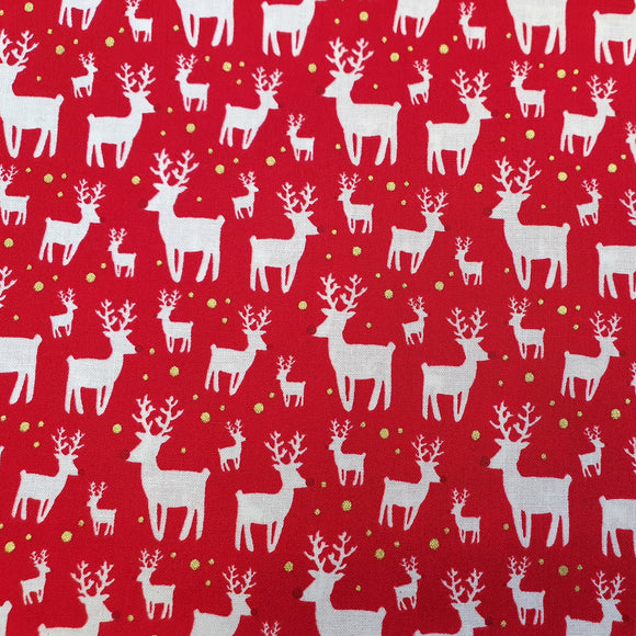 Christmas Fabric - White Reindeers on Red - Cotton Prints